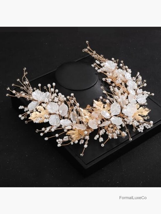 Floral Crystal Bridal Hair Vine Headpiece Gold Leaf Beads Wedding Accessory main image 7